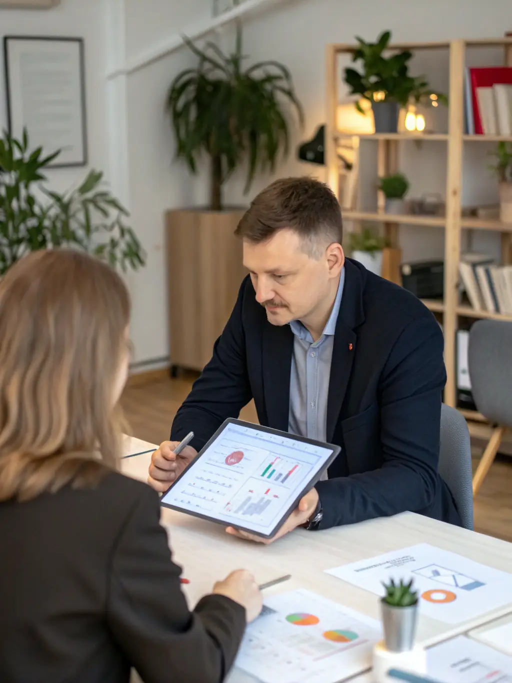 A business coach guiding a client through a problem-solving exercise, using visual aids and interactive tools in a relaxed office environment.