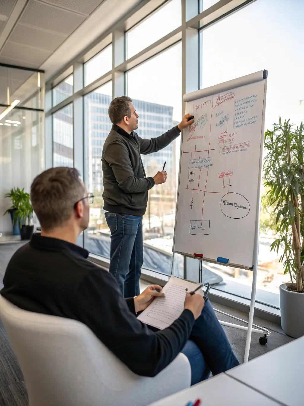 A professional coach in a suit, standing confidently in front of a whiteboard filled with strategic business plans, in a modern office setting.