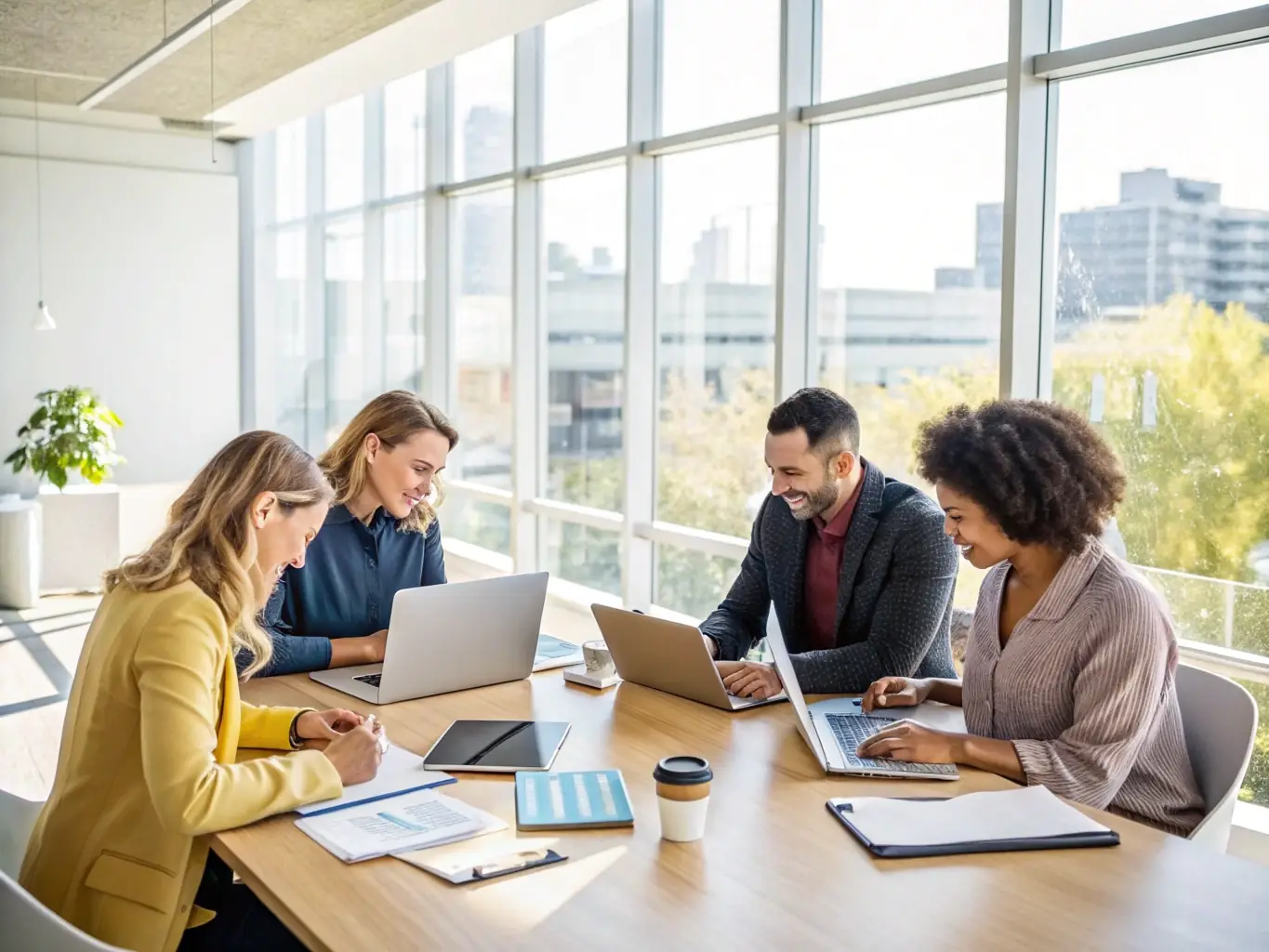 A photograph of a diverse team of business professionals collaborating around a table, brainstorming ideas and strategies in a modern office environment, representing strategic planning.