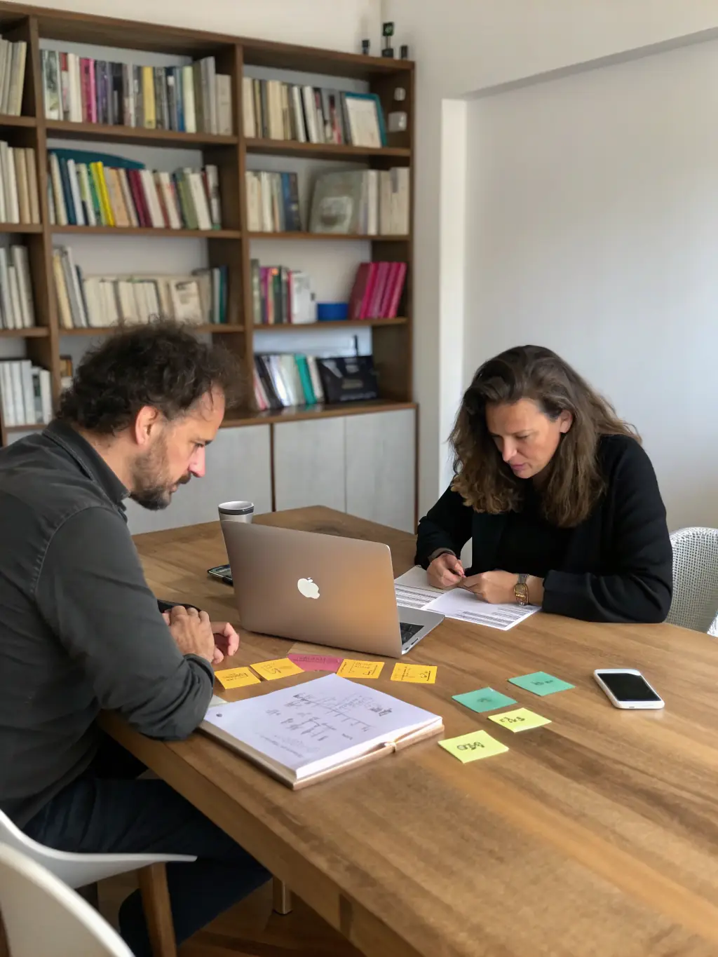 A coach and client reviewing financial data and performance metrics on a laptop, discussing strategies for improvement and growth in a modern office.