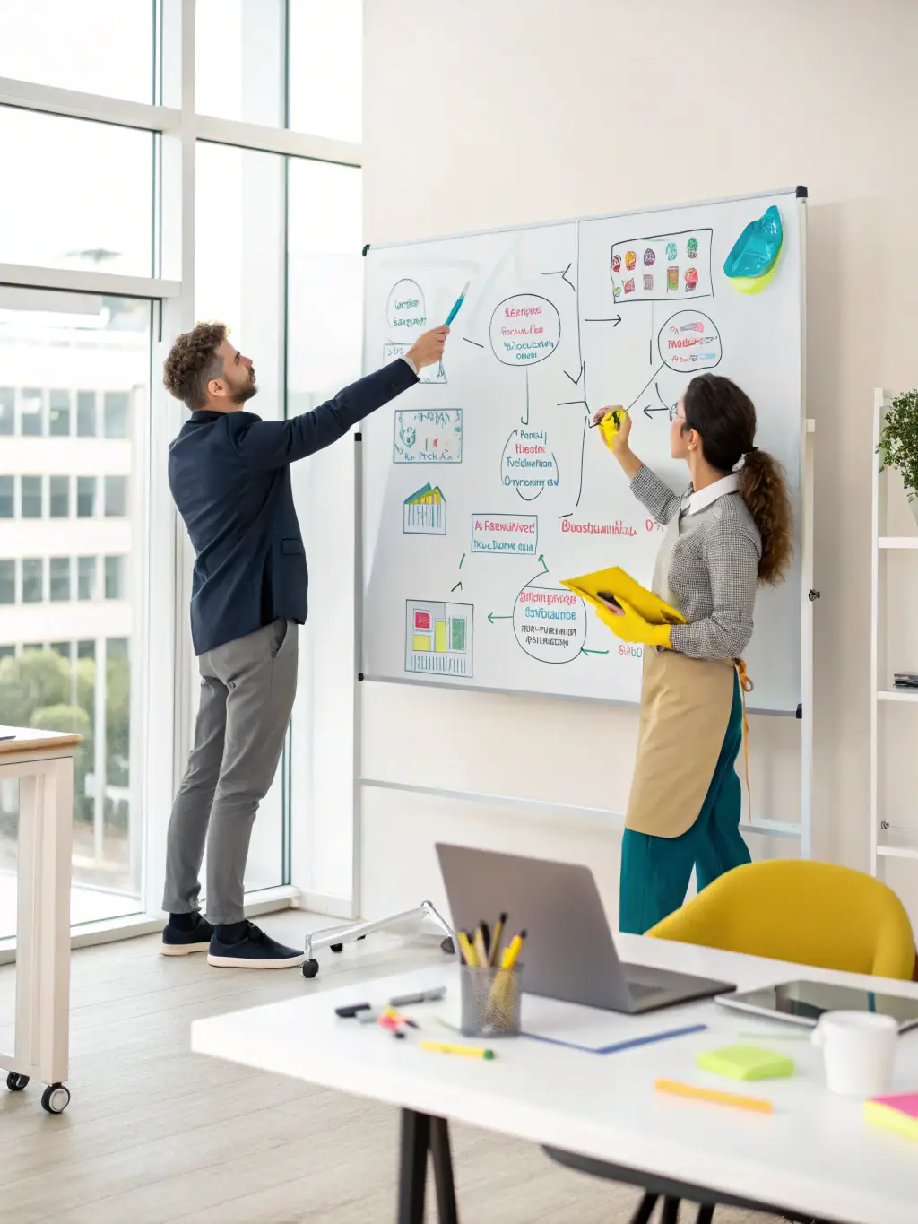 A professional coach guiding a business owner through strategic planning in a modern office setting, symbolizing strategic business coaching.